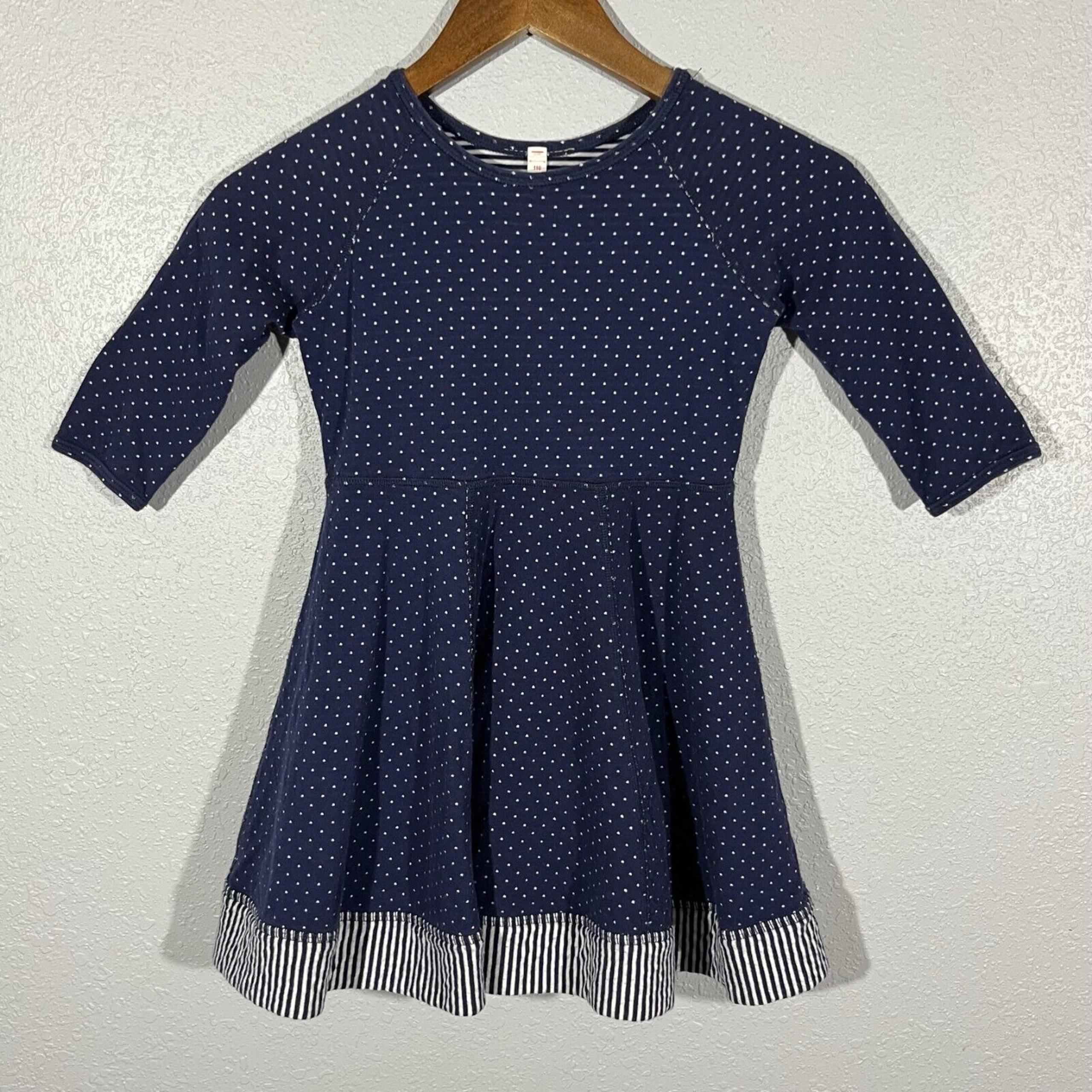 Hanna Andersson Girls Reversible Double Knit Dress Blue Pima Cotton Size 5 110