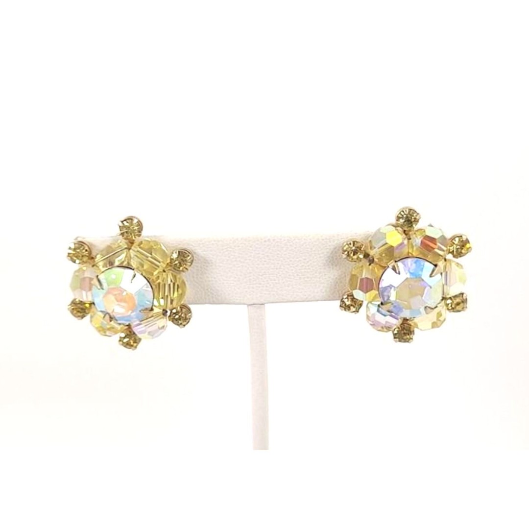 Vintage Weiss Yellow Rhinestone Clip Earrings