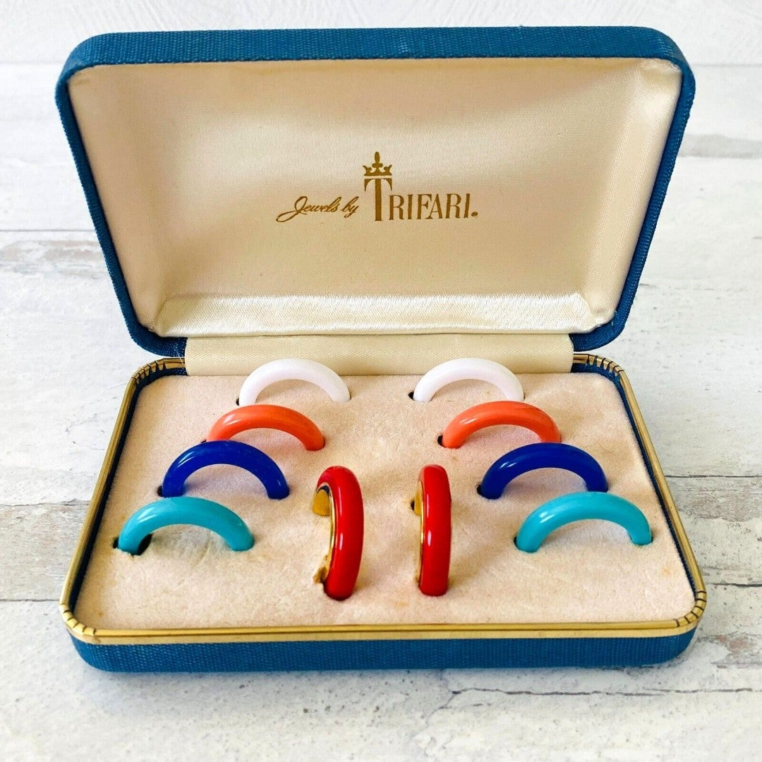 Trifari Gold Tone Hoop Earrings in Original Box Switch the Bright Primary Colors