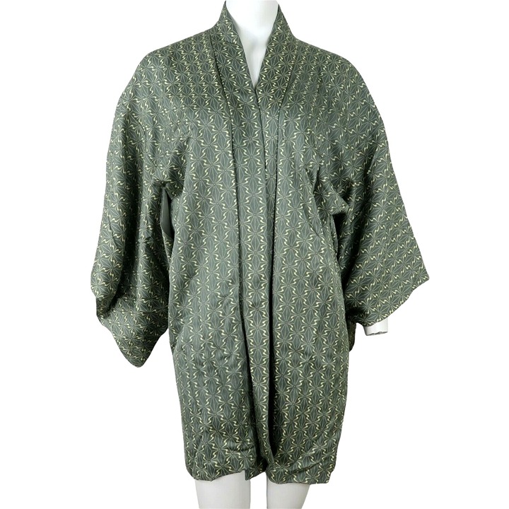 Vintage 70s Hand Sewn Silk Kimono Japanese Haori Robe Gray Beige One Size New