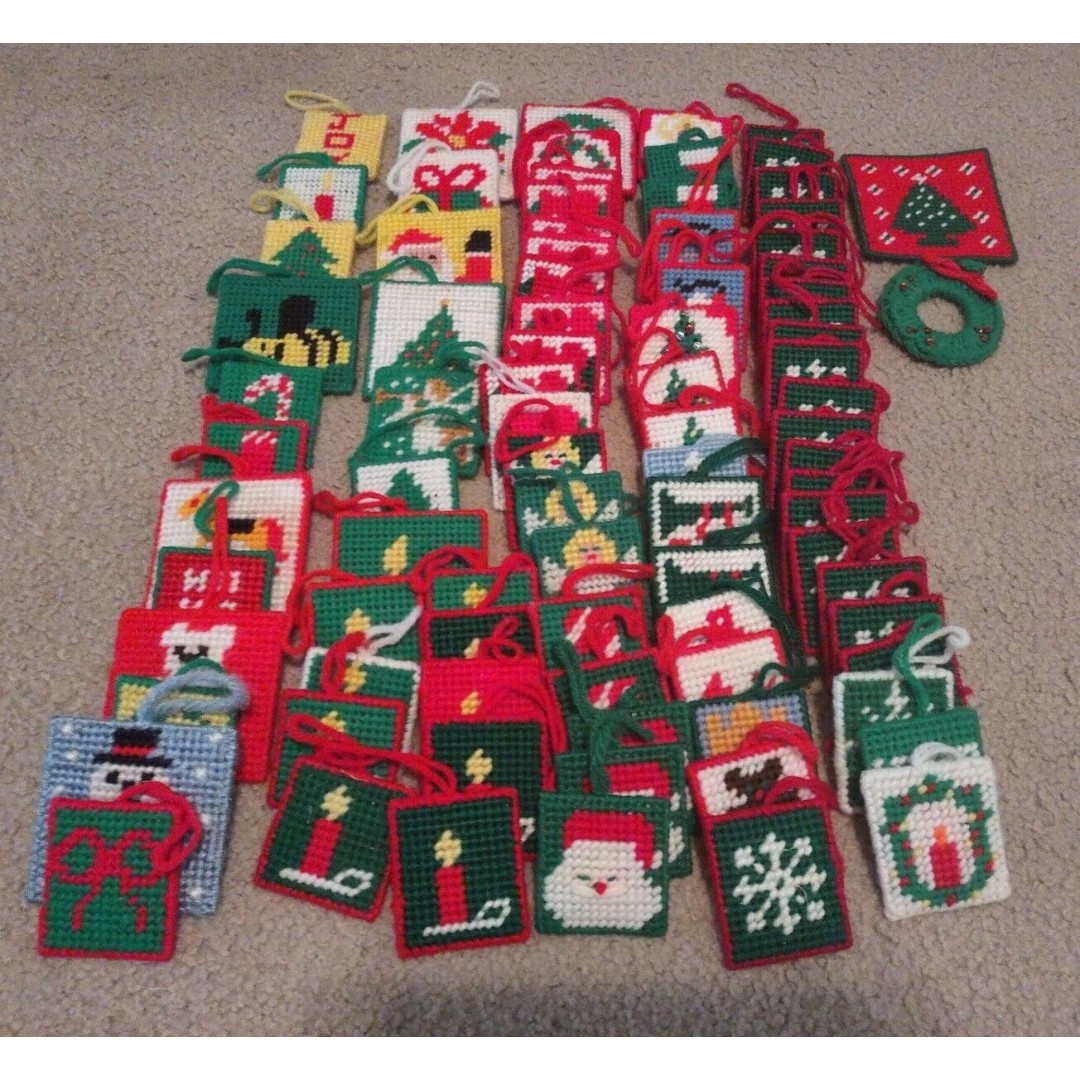 Vtg Christmas Holiday Yarn Needlework Ornament Plastic Canvas Handmade '70-'90