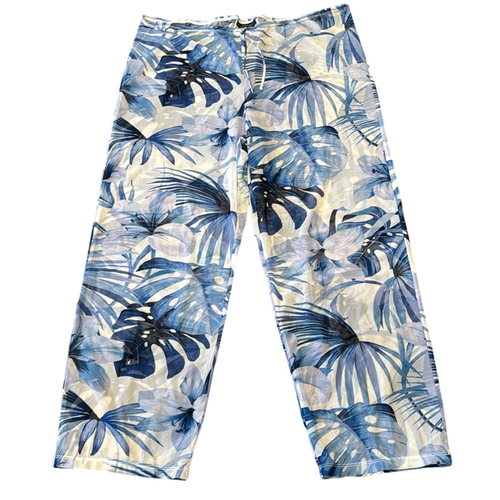 La Blanca Women's Tropical Swimsuit Coverup Crop Pants White Blue Size L