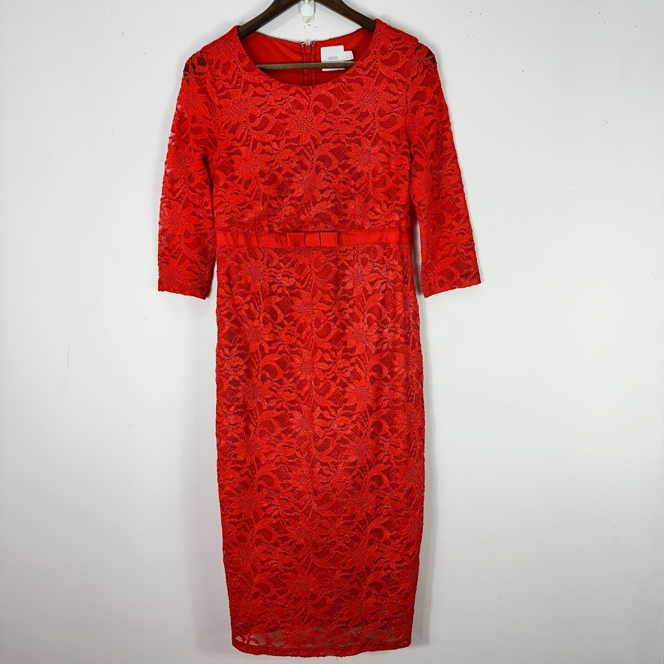 ASOS Maternity Dress 4 Red Lace Sheath Bow  Modest Midi Baby Shower Holiday