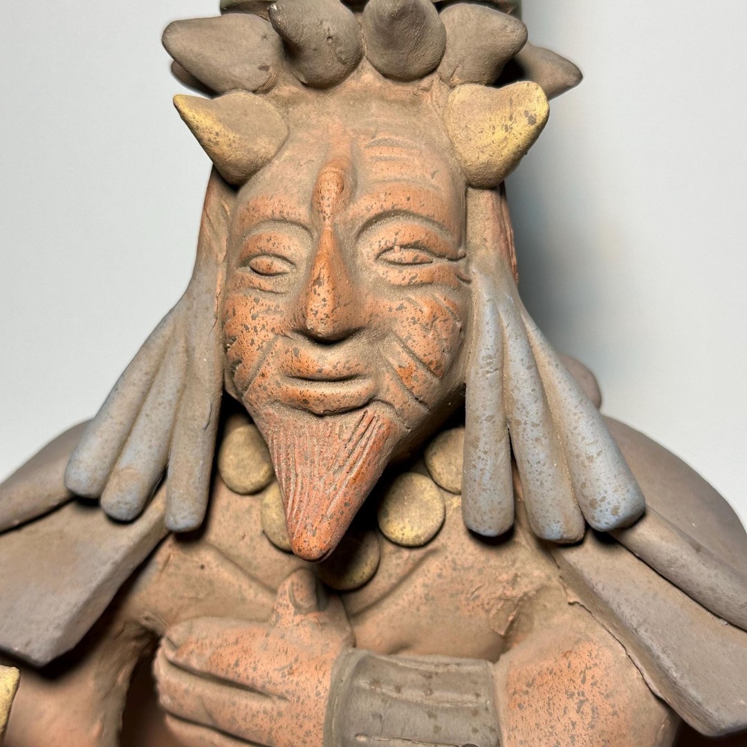 Red Clay Pottery Mexican Folk Art Aztec Mayan Style Lge 10.5” Sculpture Warrior