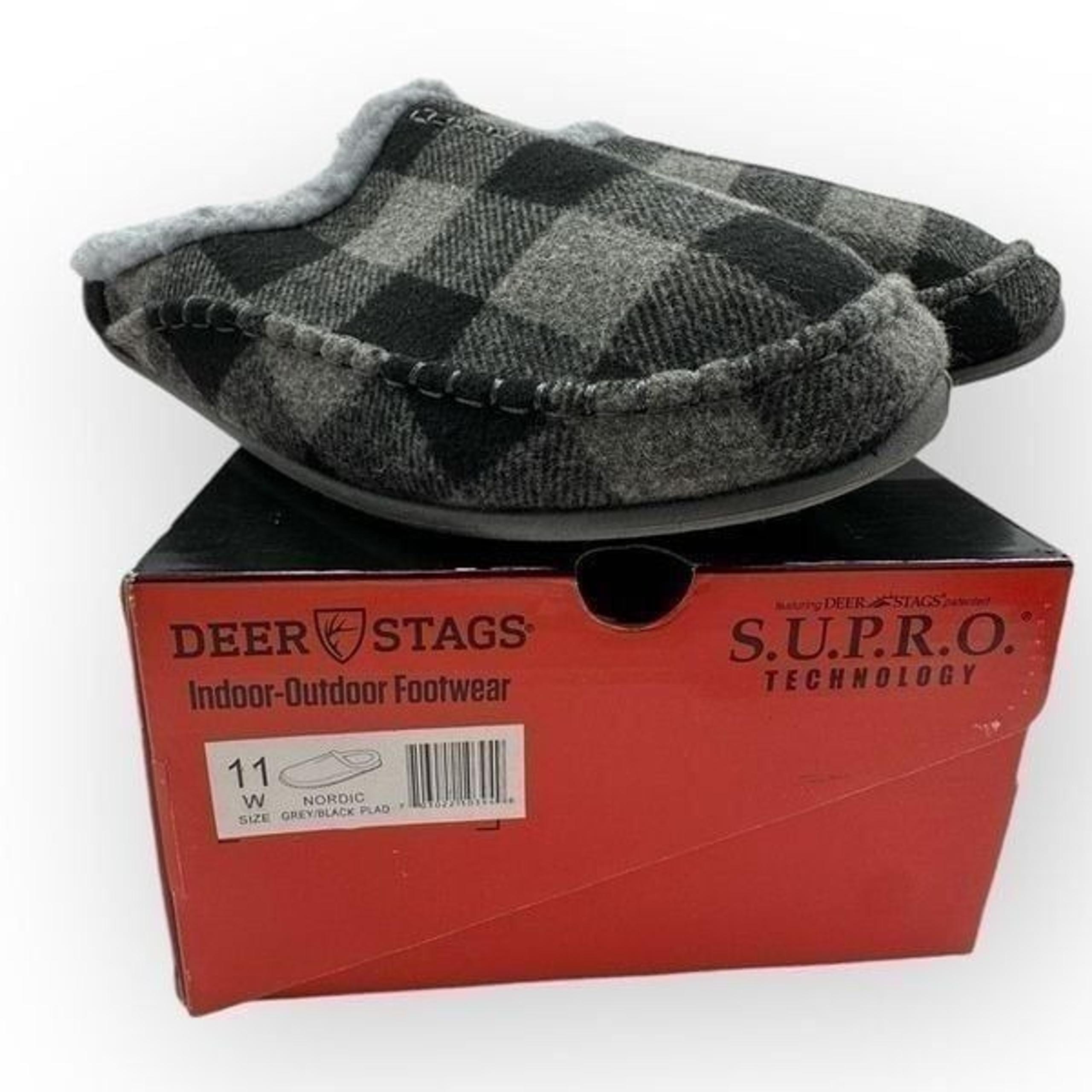 NWT Deer Stags Unisex Plaid Nordic Slipper Gray Black Size 11W