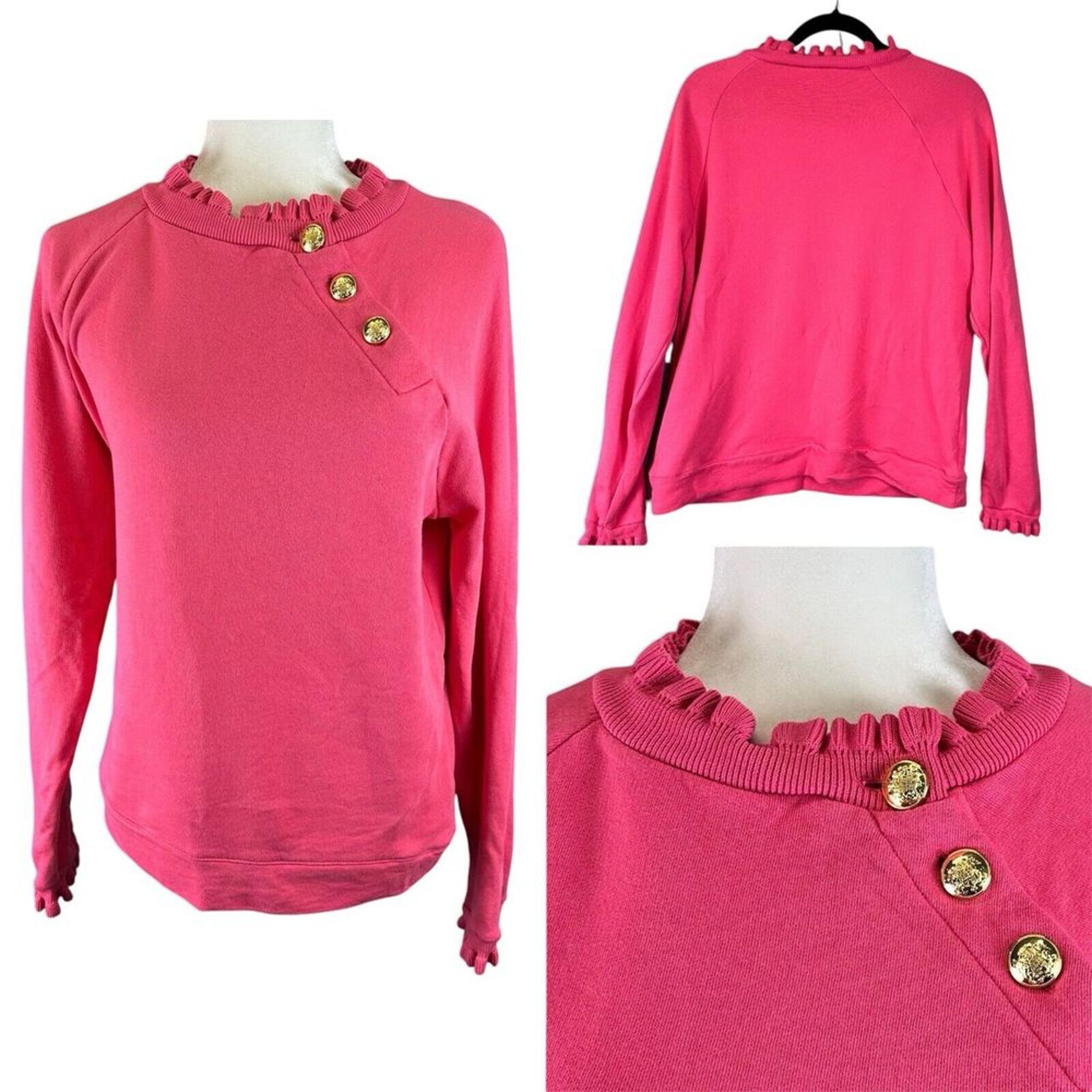 Talbots Womens Ruffled Neck Hems Cotton Long Sweater Size M Pink Gold Buttons