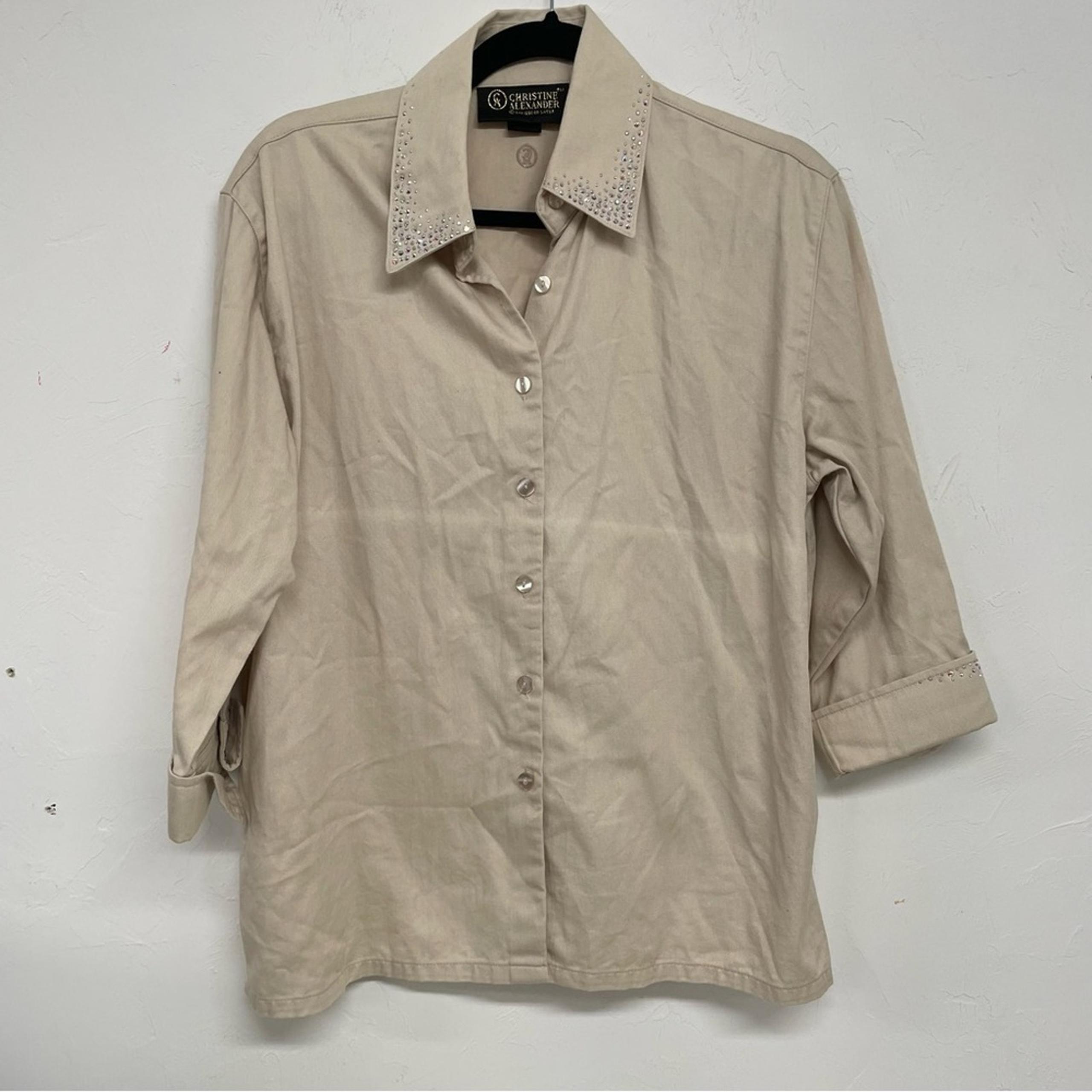 Tan 3/4 Sleeve Button Up Blouse Bedazzled Womens M Bling - Christine Alexander