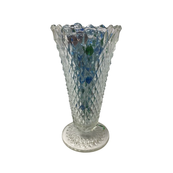 Vintage Indiana Glass Diamond Point Clear Glass Vase with Marbles Inside