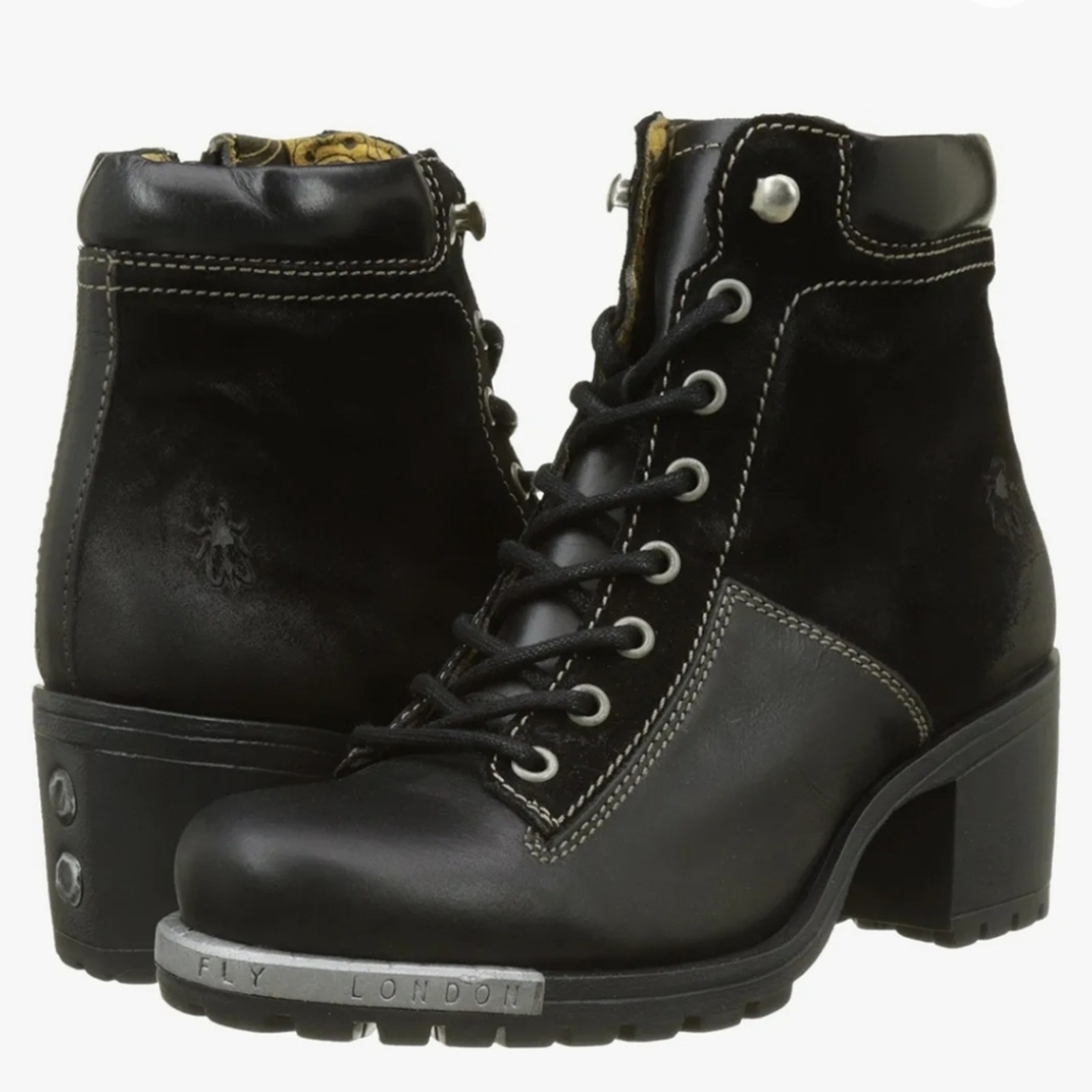 Fly London Womens Leal Block Heel Black Leather and Suede Boots