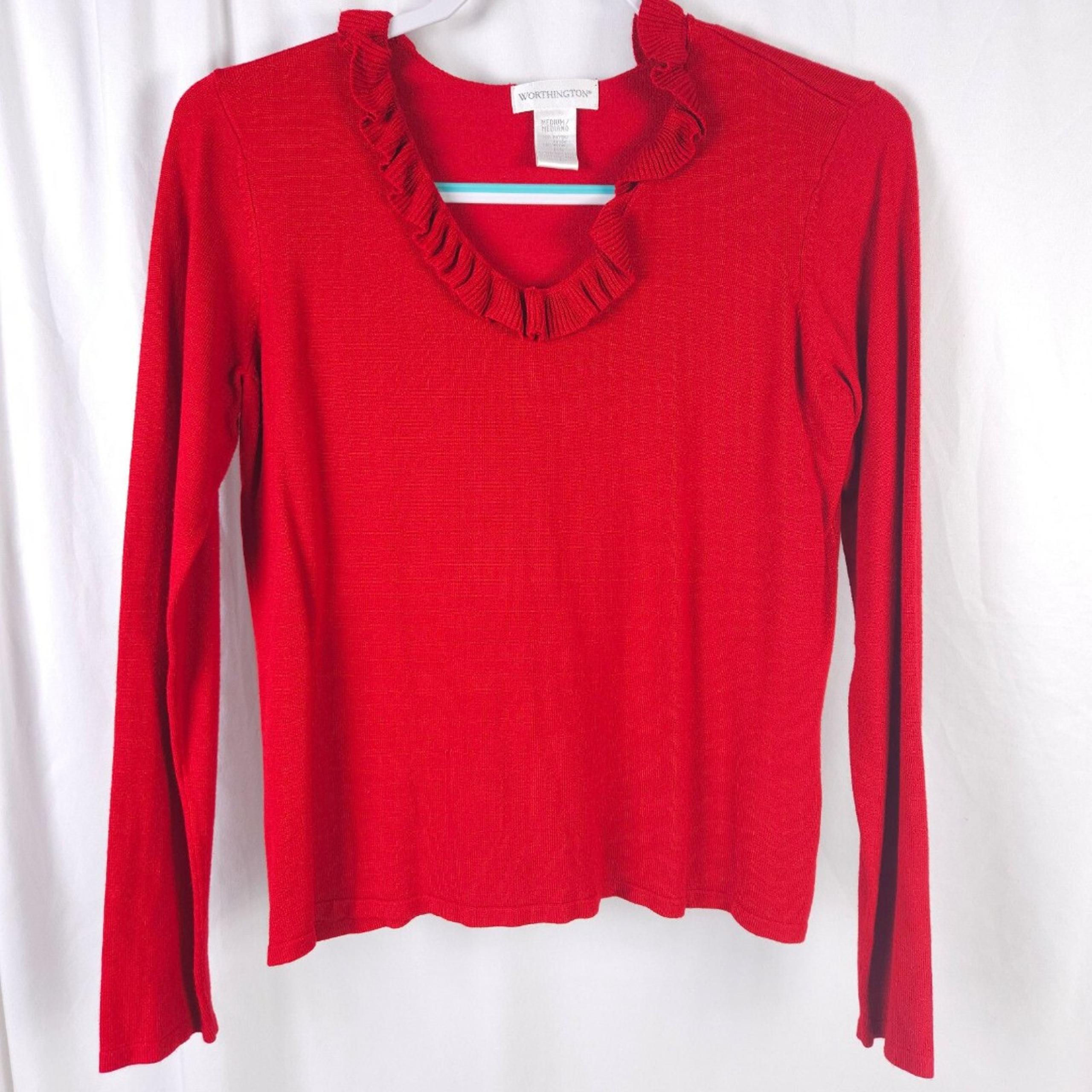 VTG Worthington Womens Medium Red Light Ruffle Neck Long Sleeve Sweater
