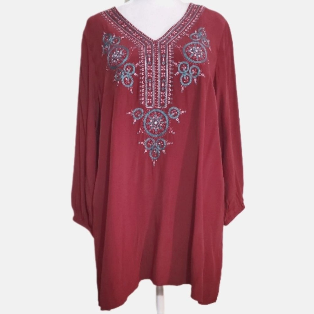 Soft Surroundings Prieta red embroidered beaded embellished tunic top S NWT