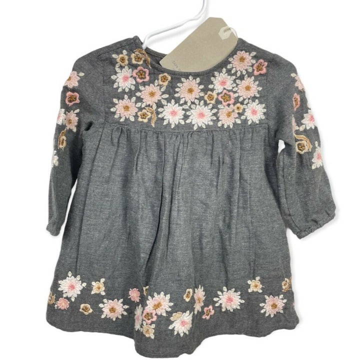 NWT Zara Baby Girl Dress Embroidered Flowers Gray Pink Flannel Flower 9-12 9 12