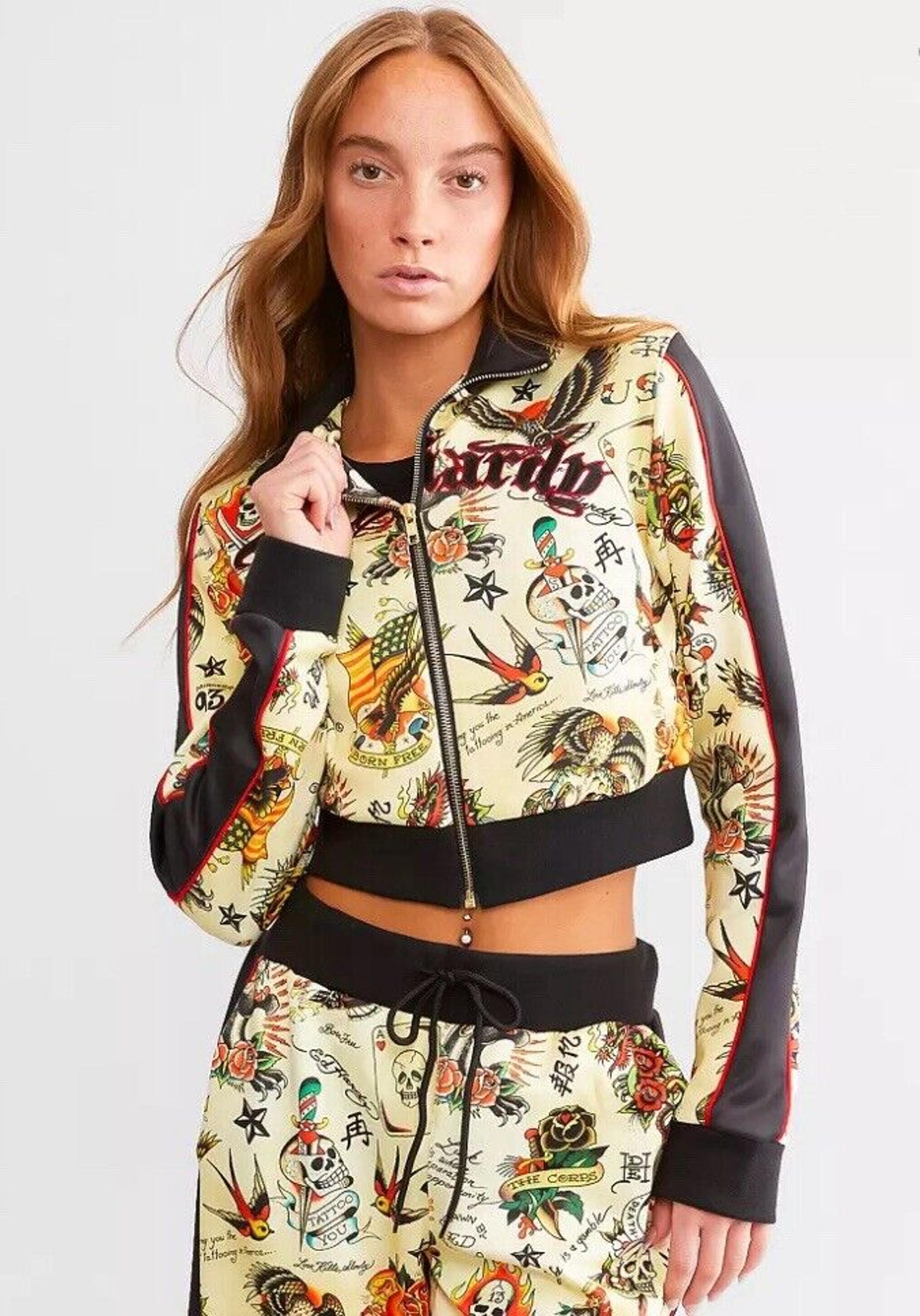 Ed Hardy Women’s Cropped Zip Up AOP Tattoo Tiger Y2k Embroidered Track Jacket