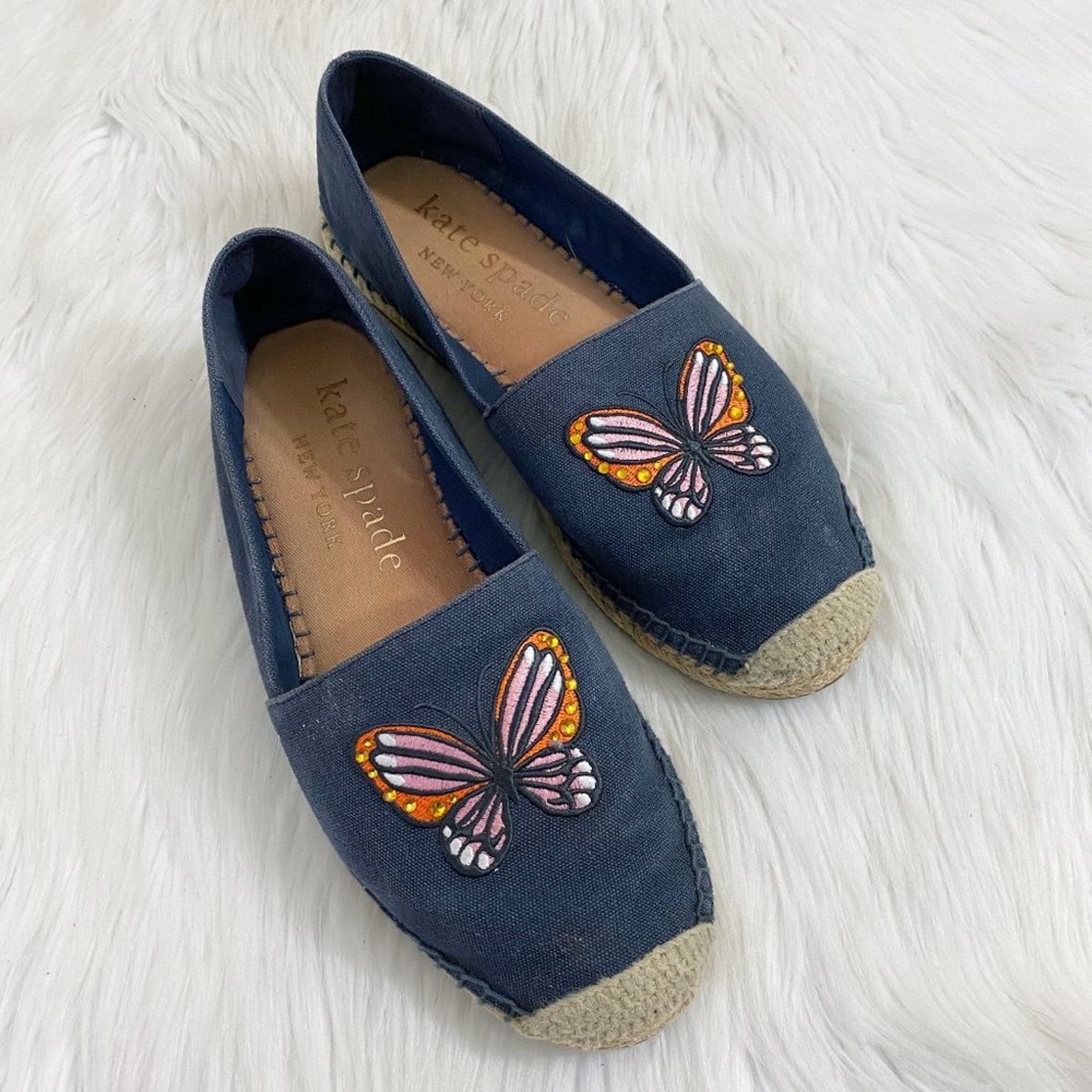 Kate Spade Navy Aflutter Espadrille Flat Loafer w Butterfly Embroidery Sz 8.5