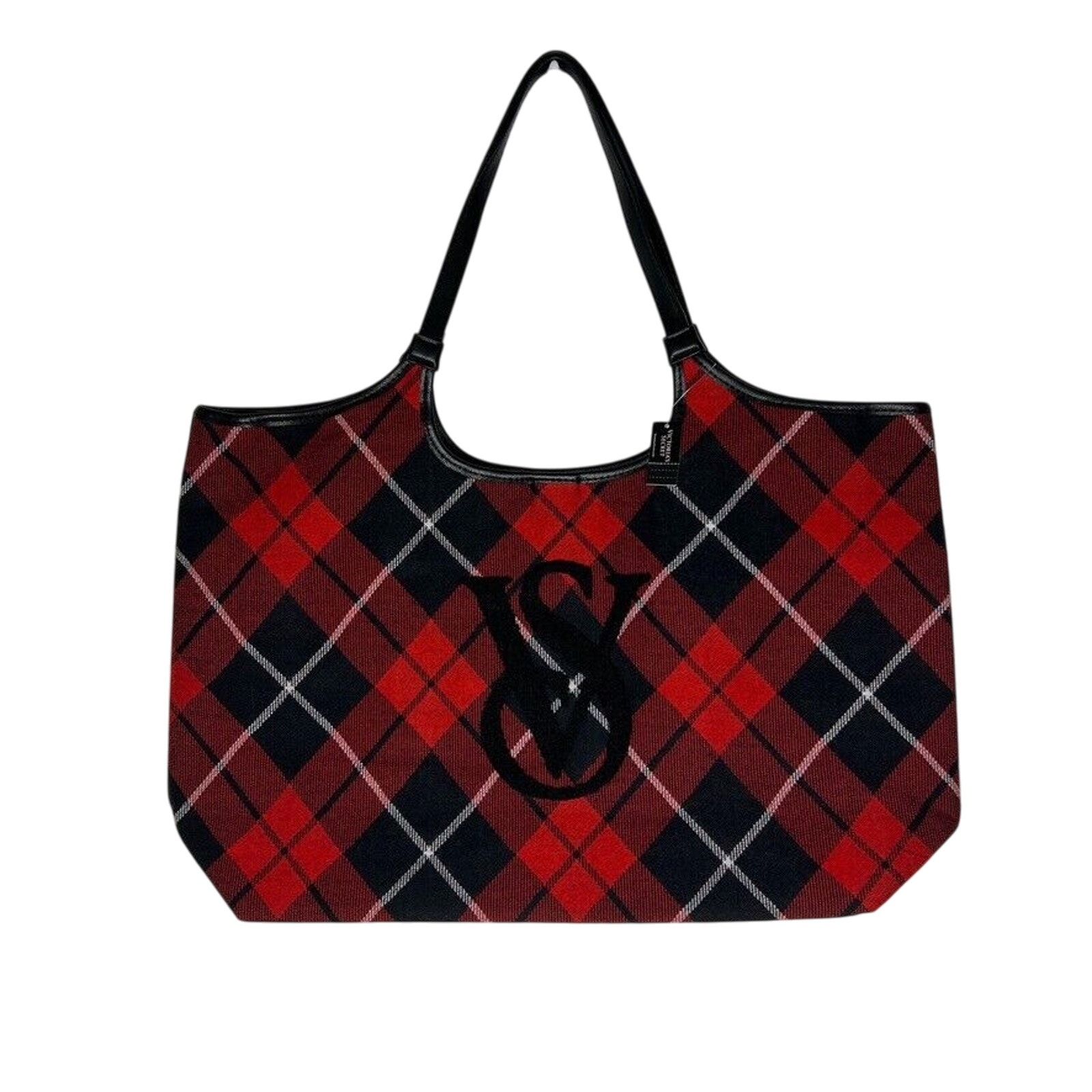 Victoria's Secret Red Plaid Tote Bag Argyle Wool Blend Large Logo NWT