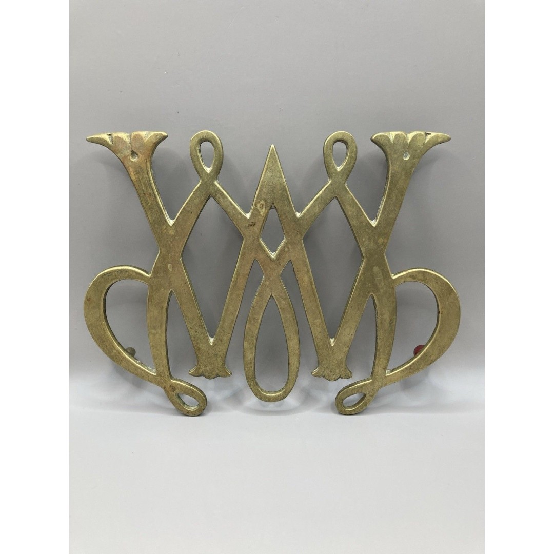 Antique Brass WAWM Monogram Trivet Victorian Cast Iron Stand Vintage Collectible