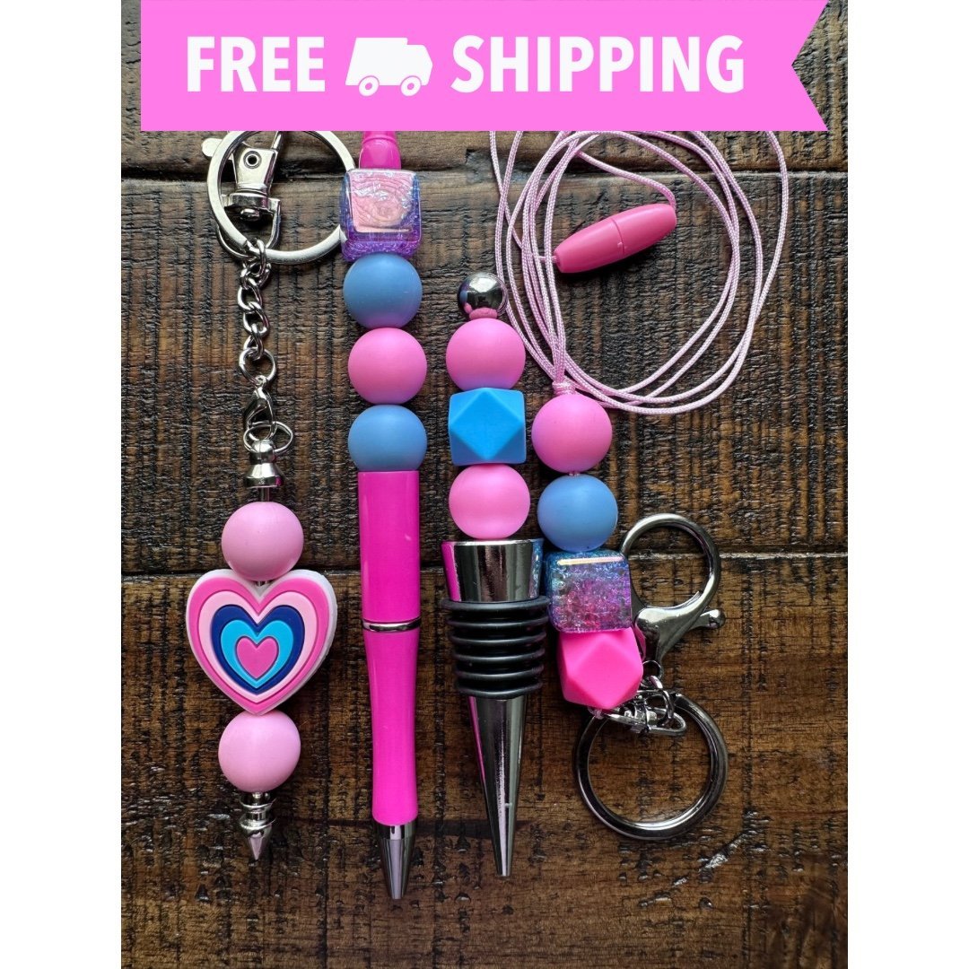 Beaded Set: Pen Keychain Lanyard Wine Stopper