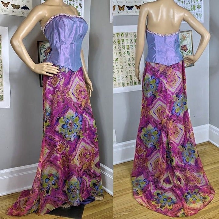 Vintage 90s y2k Prom Dress Two Piece Corset Tie Dye Psychedelic Skirt Boning 10