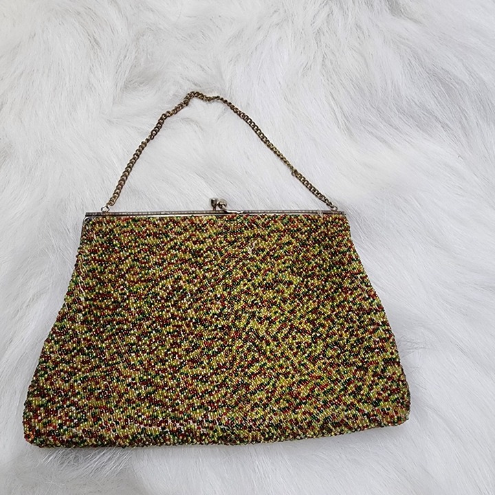 Vintage unbranded glass seed beaded gold, red and green clutch with chain handle