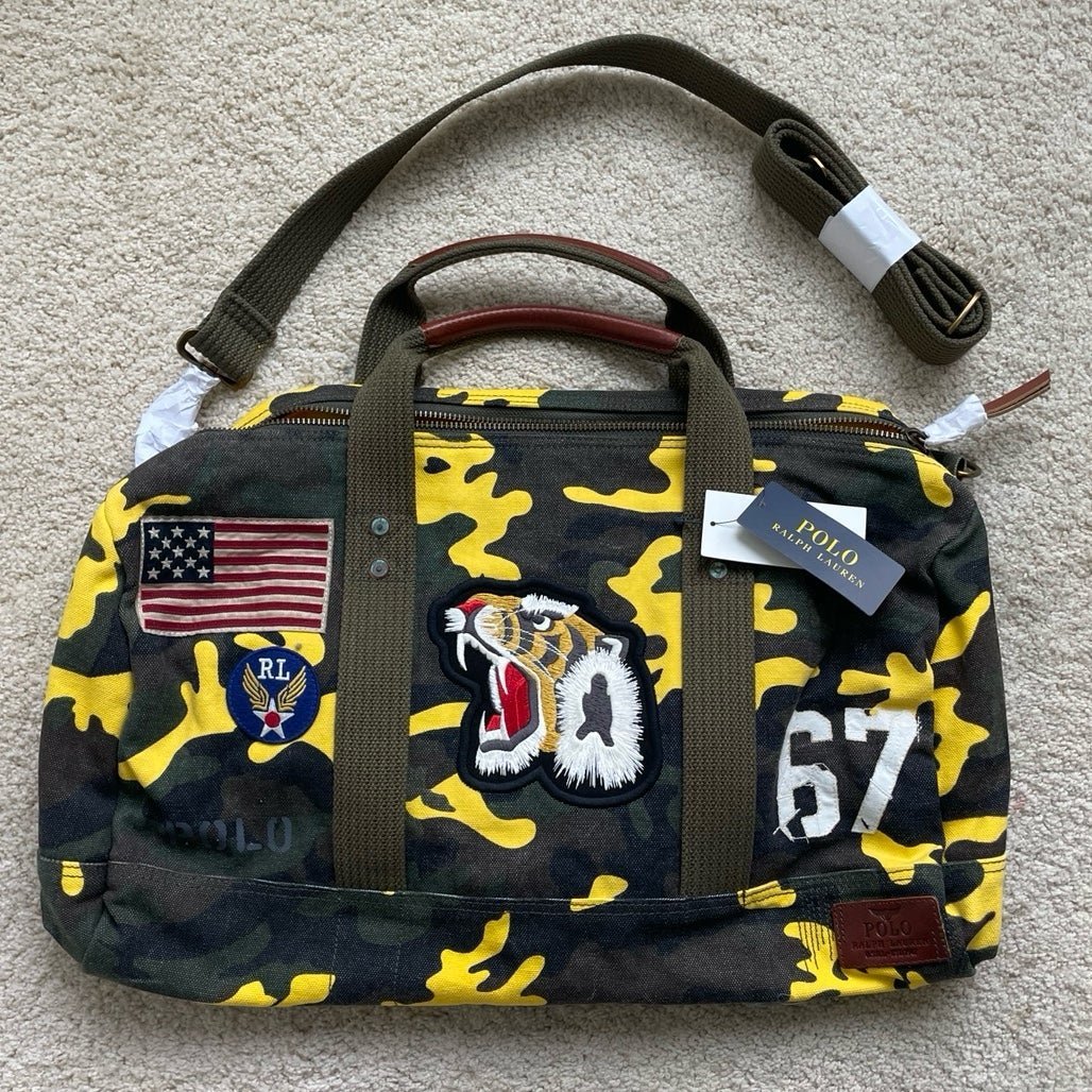 Polo Ralph Lauren Tiger Patch Yellow Camo weekender Duffle Bag Rare New