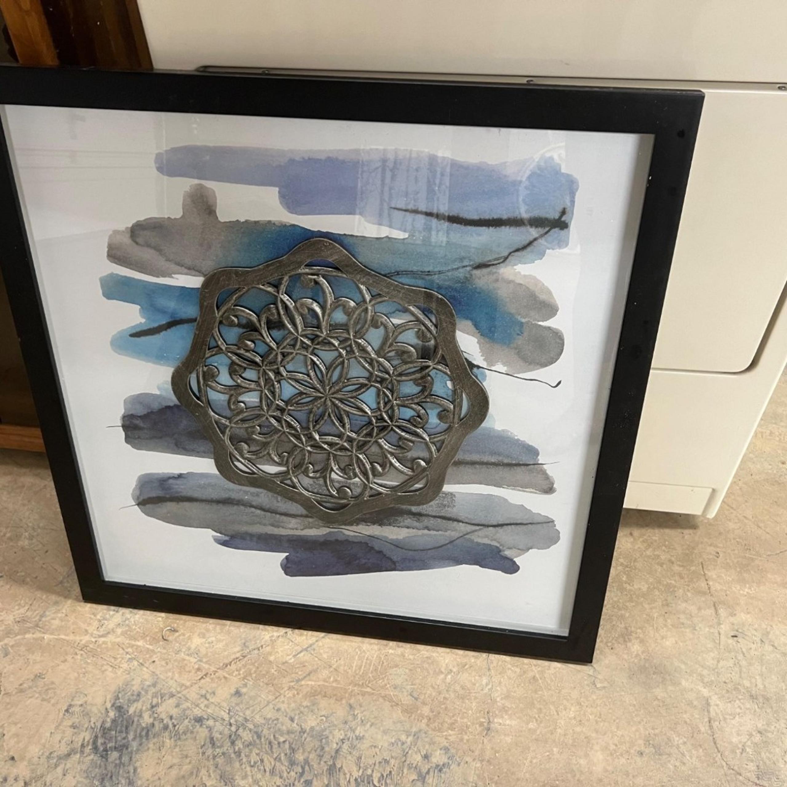 Framed Art Print w/Medallion in Middle Blue Gray Illustration Print Home Decor