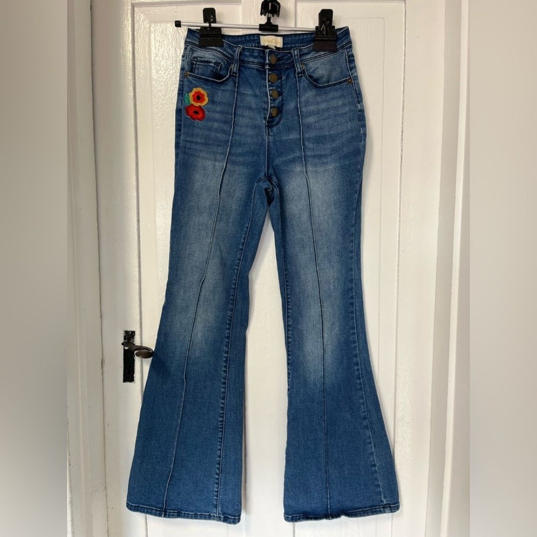 ModCloth Embroidered Floral Flare denim jean button fly pants size small
