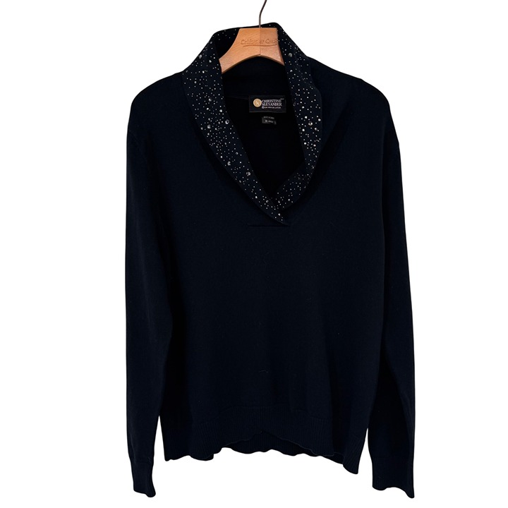 Christine Alexander dark navy Sweater crystal Embellished Collar size xl Womens