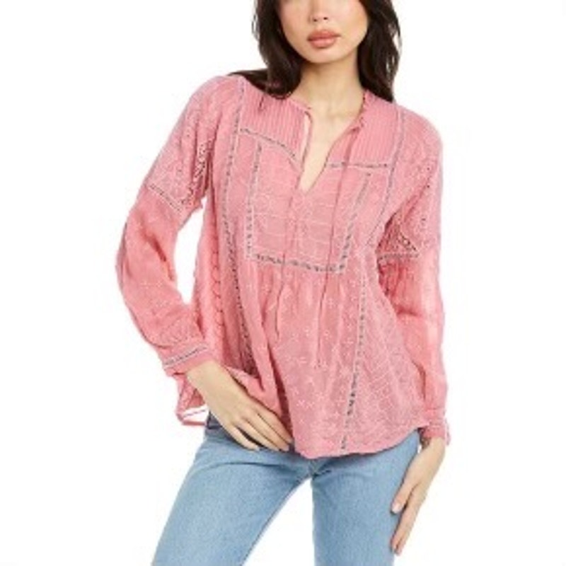 NWOT JOHNNY WAS Top XS Pink Floral Embroidery Crochet Ruffle Tie Neck