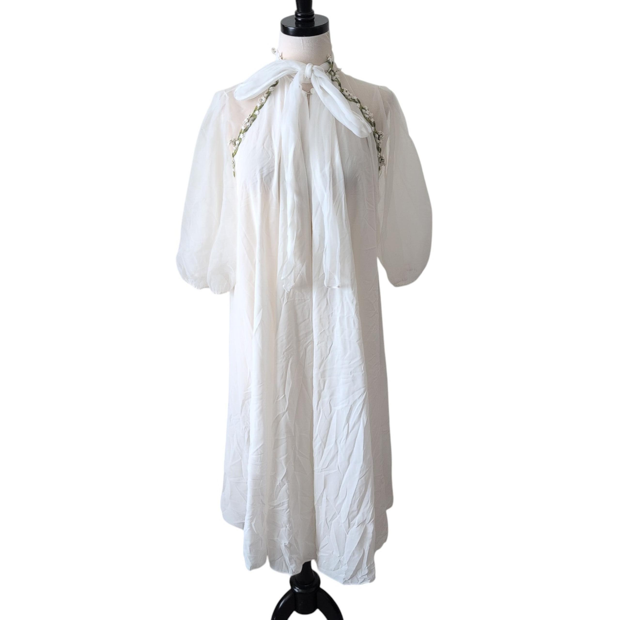 Vintage EYE FUL Peignoir Nightgown Robe Chiffon Sheer Floral Lace Trim 70s? S