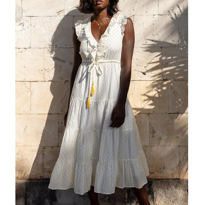 Mer St. Barth Giselle V-Neck Maxi Dress Gold Swiss Dot Women Large Cotton Voile