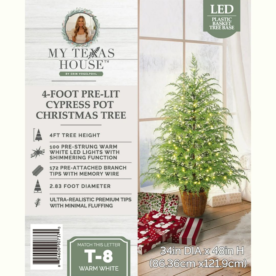 My Texas House 4' Pre-Lit Green Cypress Artificial Christmas Potted Tree 4ft NEW