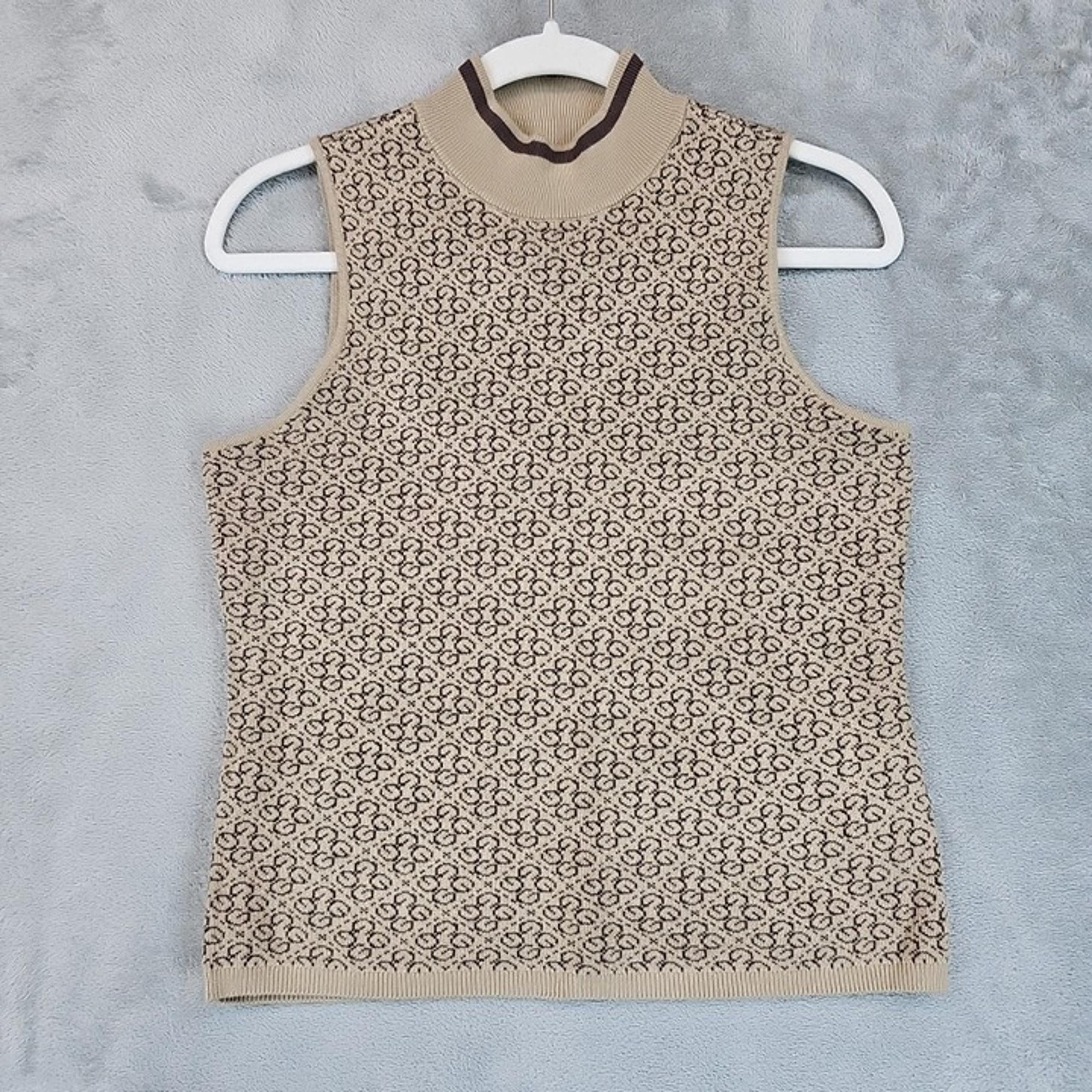 GUESS Logo Sweater Womens Size L Tan/Brown Mock Neck Sleeveless Knit Stretch