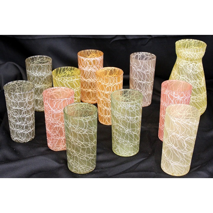 VTG 50s/60s Colorcraft Spaghetti String Carafe Pitcher Glasses Shat-r-Proof Tumb