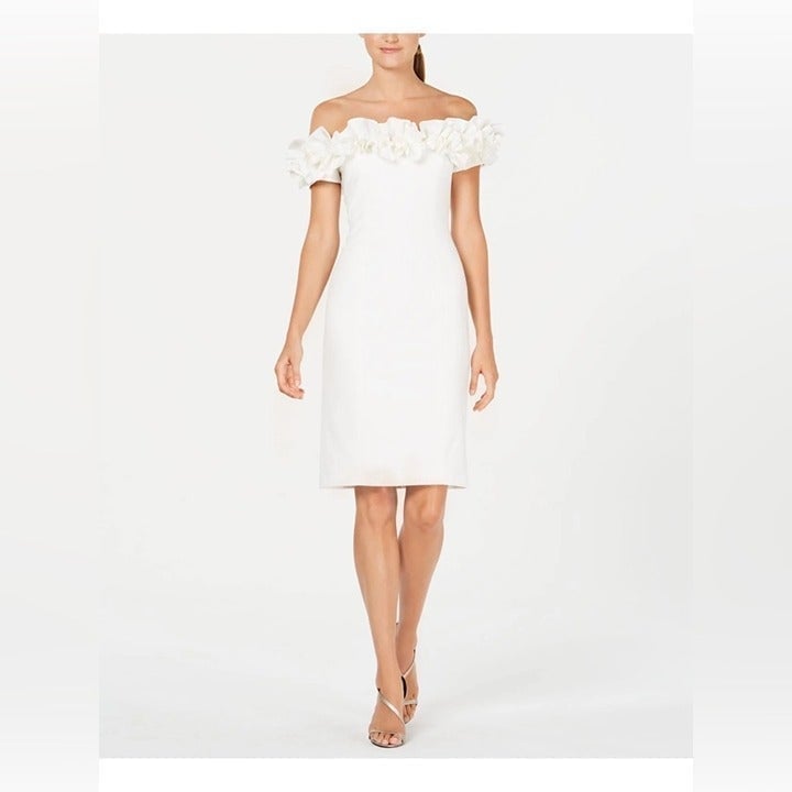 Calvin Klein Womens Ruffled Off-The-Shoulder Ivory Midi Sheath Dress