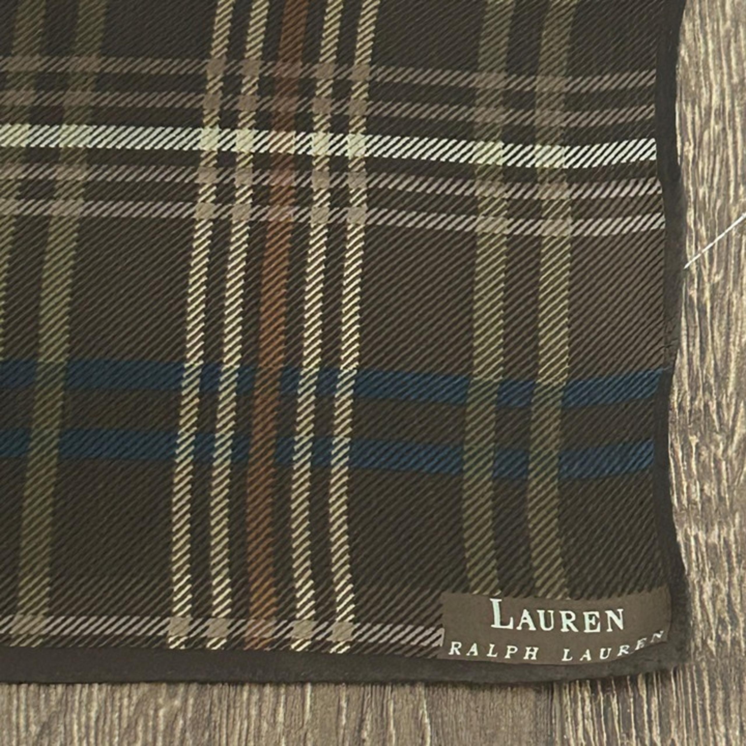 Lauren Ralph Lauren Brown Plaid Silk Scarf Classic Design w/Blue Accents 21"x21"
