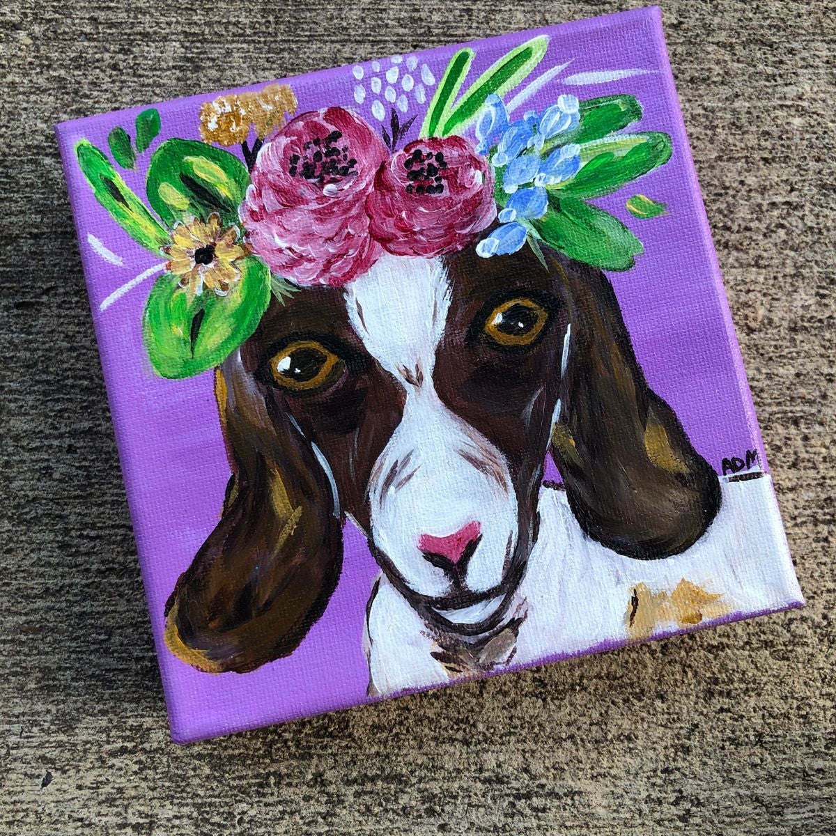 6 shelf art boho goat with floral crown painting farmhouse