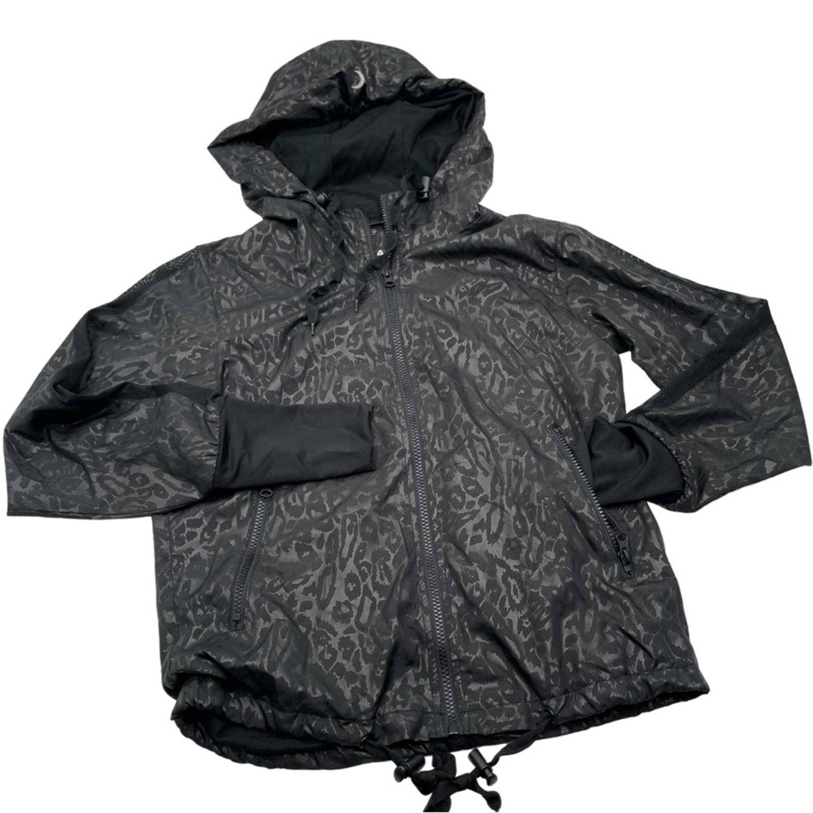 Zyia Active lined black hooded windbreaker cheetah print size XS