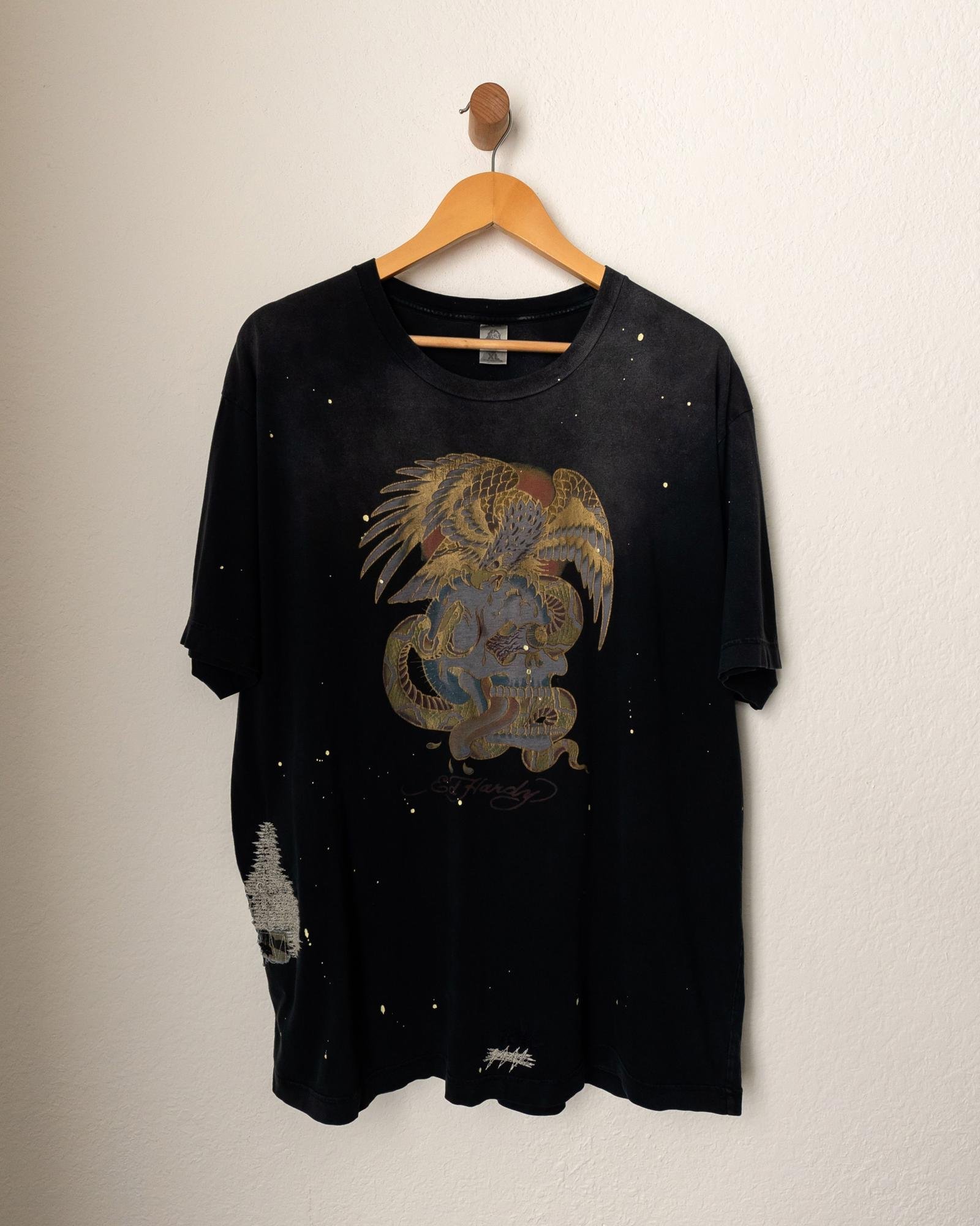 Vintage Ed Hardy Paint Splatter Distressed Faded Repaired Skull Eagle T Shirt