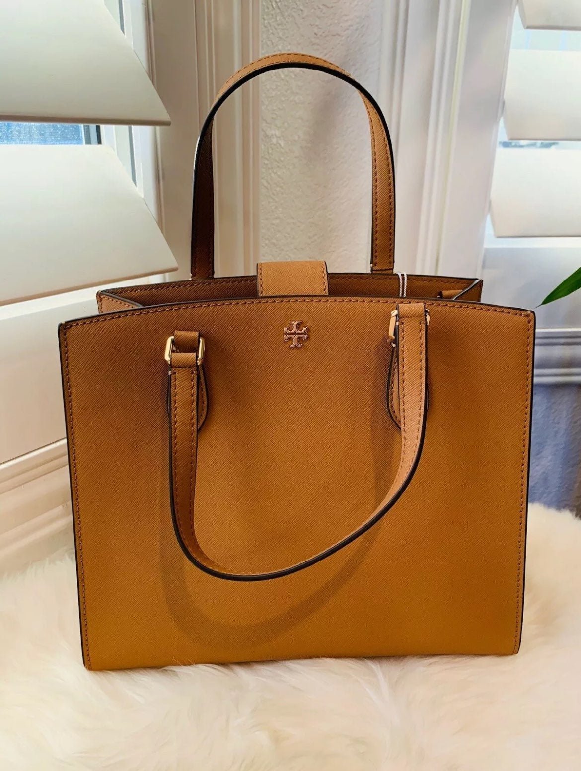NWT AUTH Tory Burch Emerson Structured Work Crossbody Satchel Cardamom/Tan 345