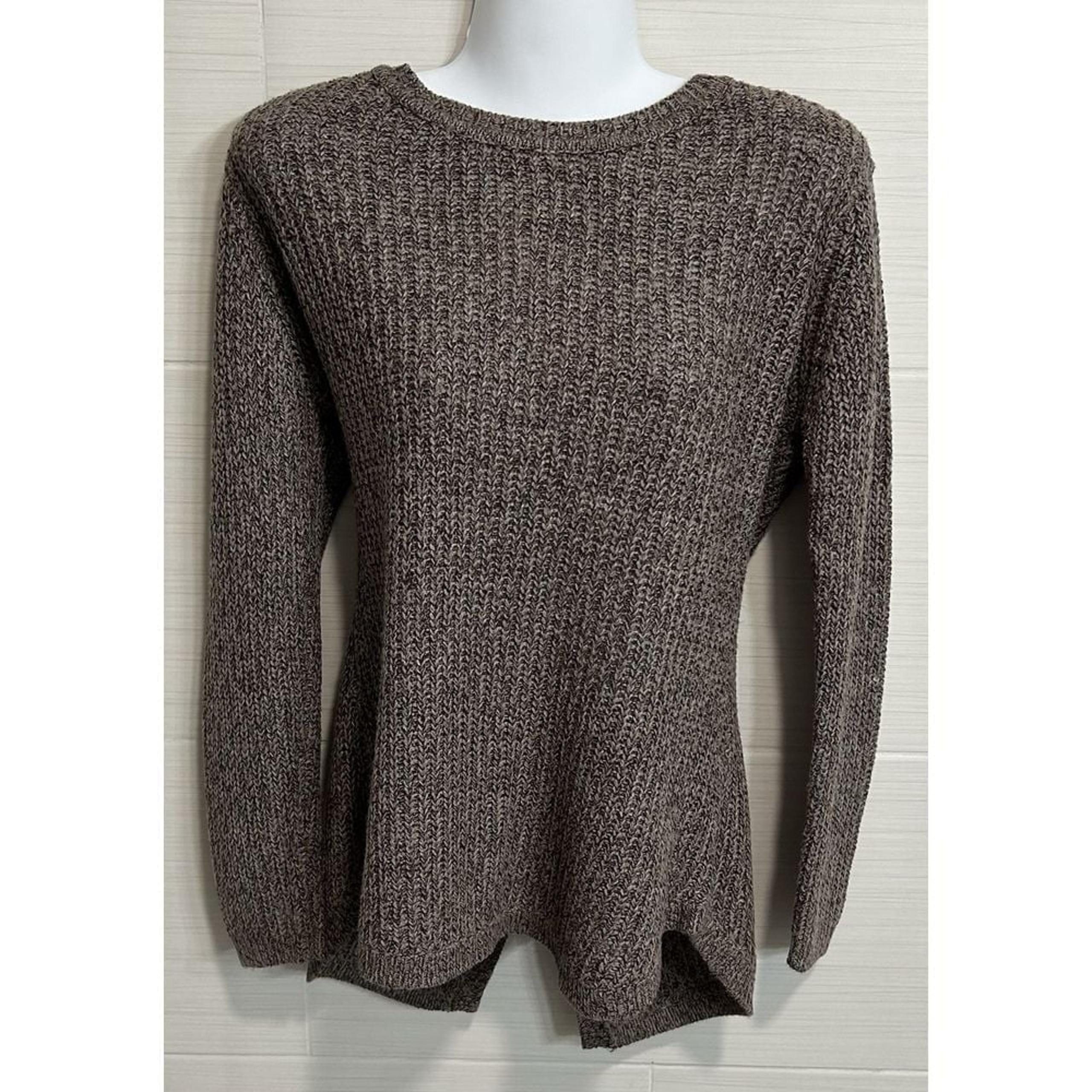 RD Style Split Back Crew Neck Knit Sweater Burgundy Brown Beige, S