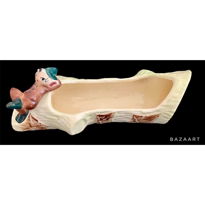 VTG Elf Gnome Ceramic Log Planter With Ivy Design