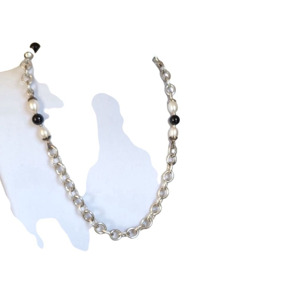 Joseph Esposito Sterling Silver Onyx & Pearl Necklace Elegant Chain