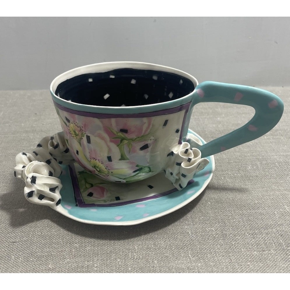 Eilene Sky whimsical Pottery cup and saucer 1994