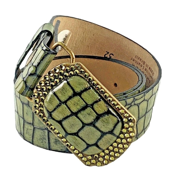 BRIDGET SHUSTER Olive Green Leather Belt Brass Swarovski Crystal Buckle