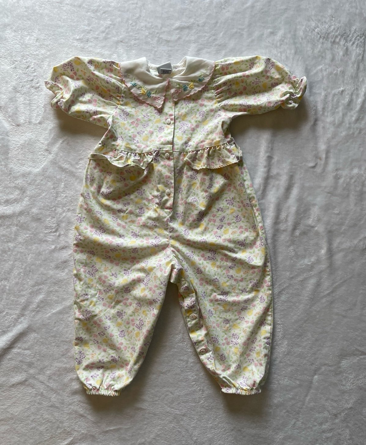 Vintage OshKosh Pastel Fruit Romper Puffed Sleeves Ruffles Collar 3T