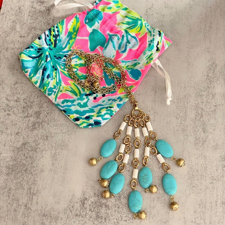 NWB Lilly Pulitzer Faux Turquoise Beaded Dangle Chain Pendant Statement Necklace