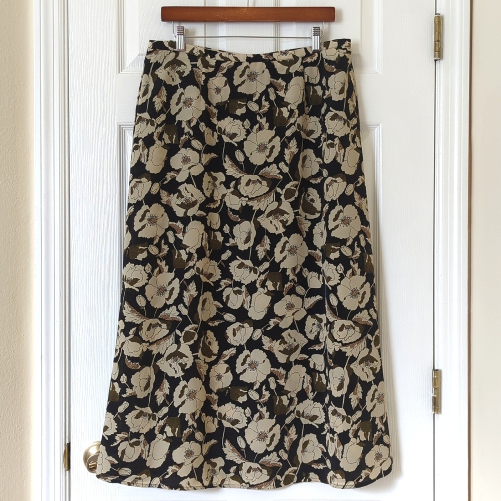 Sag Harbor 90's Vintage Floral High Waisted A-Line Midi Skirt Black Beige Large