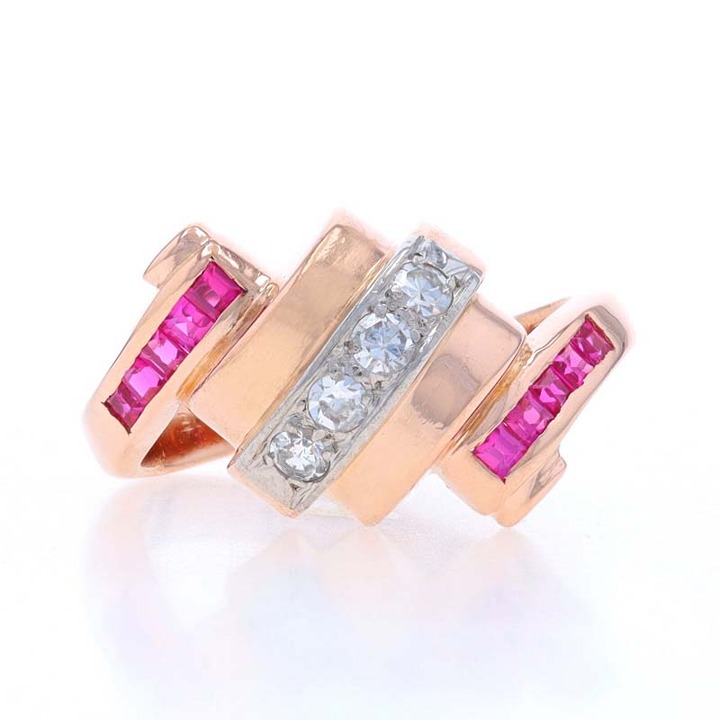 Rose Gold Diamond Lab-Created Ruby Retro Bypass Ring - 14k .40ctw Vintage V3139