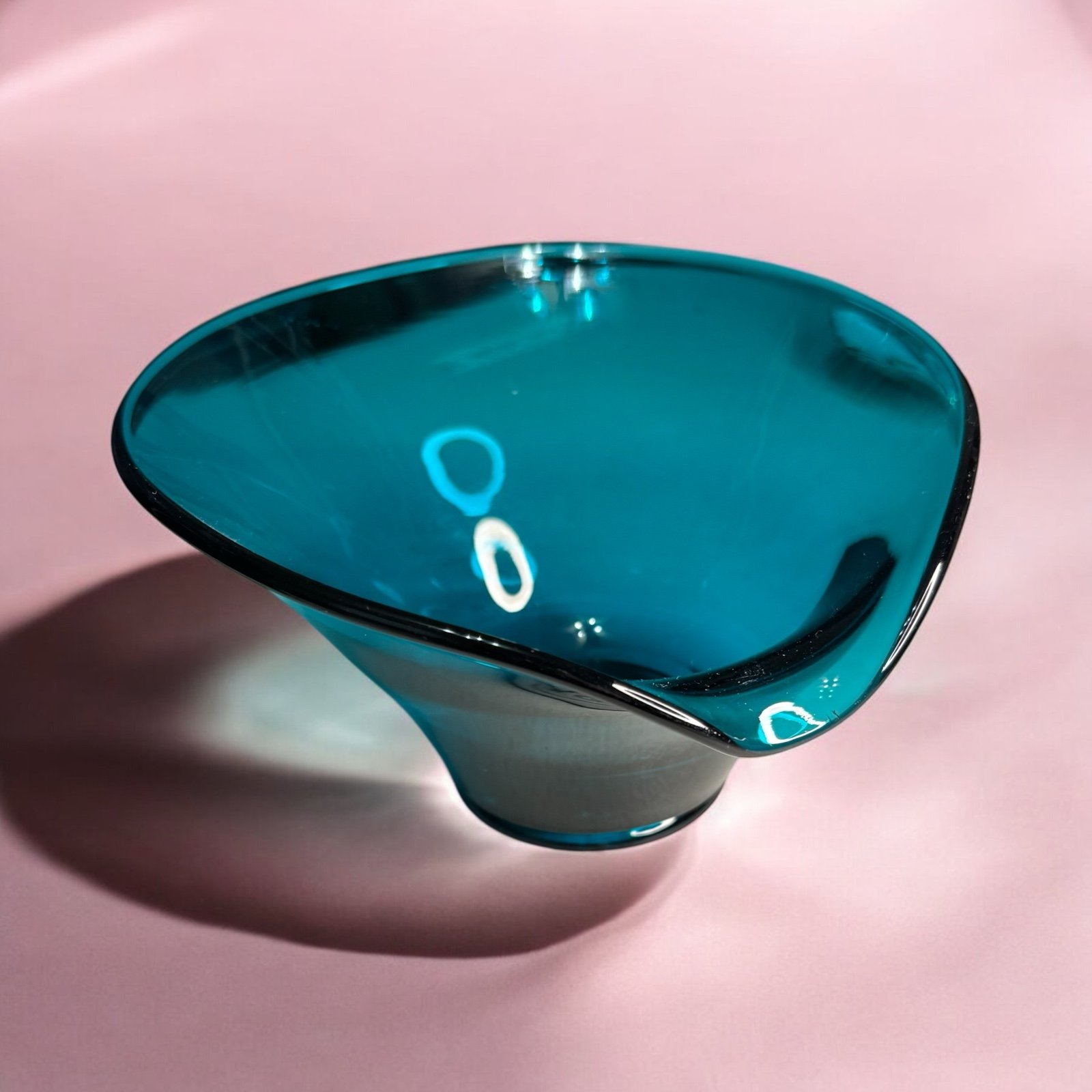 MCM Viking Hand Blown Art Glass Bluenique Early Epic Lipped Bon Bon Bowl Teal
