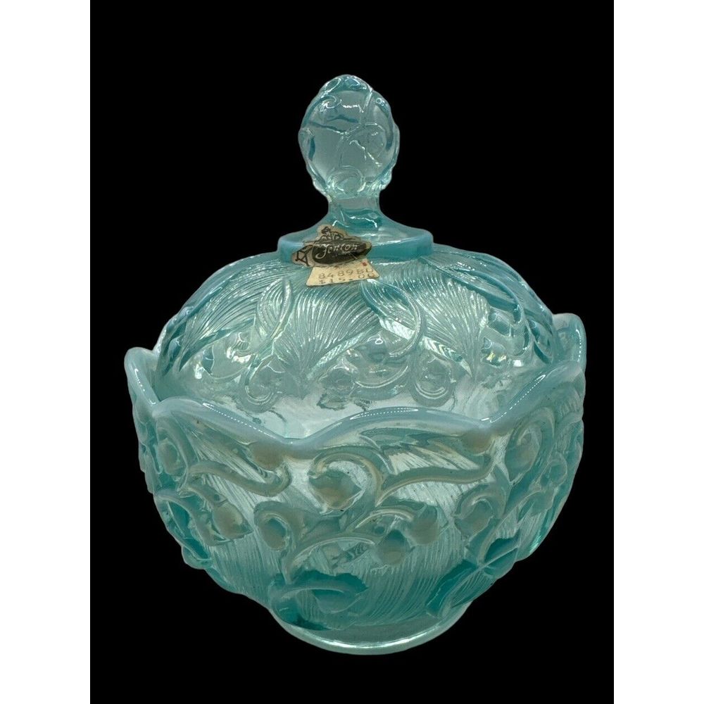 Fenton Aqua Blue Opalescent Lily of the Valley Candy Dish Bowl Art Glass